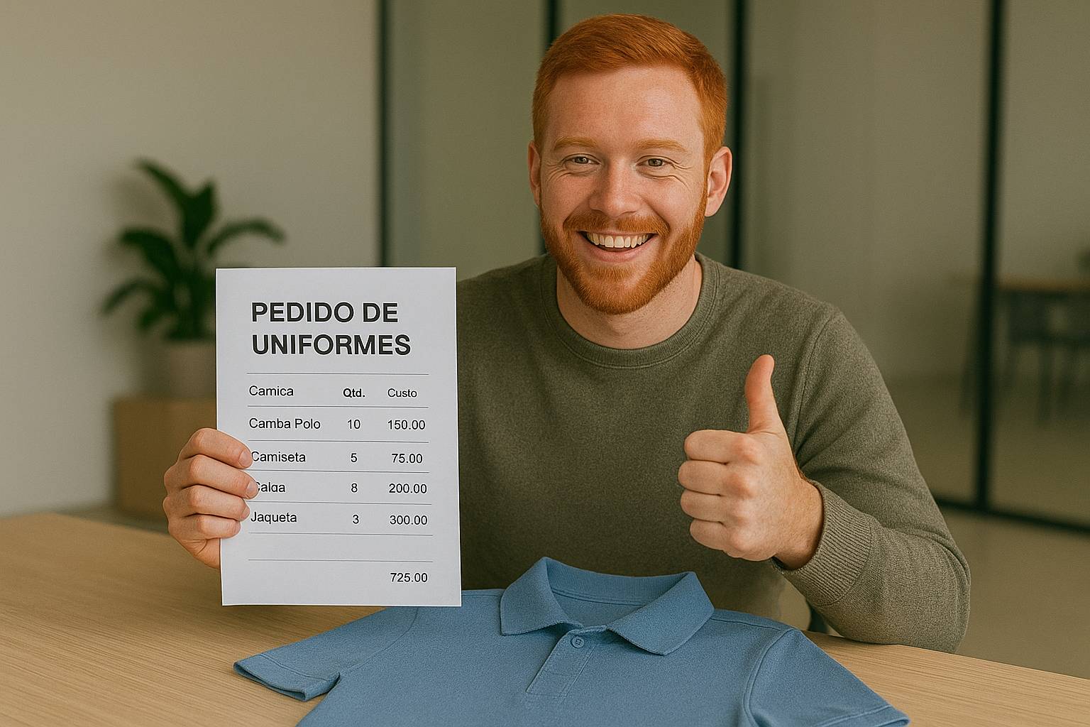 um homem ruivo segurando um pedido e aprovando